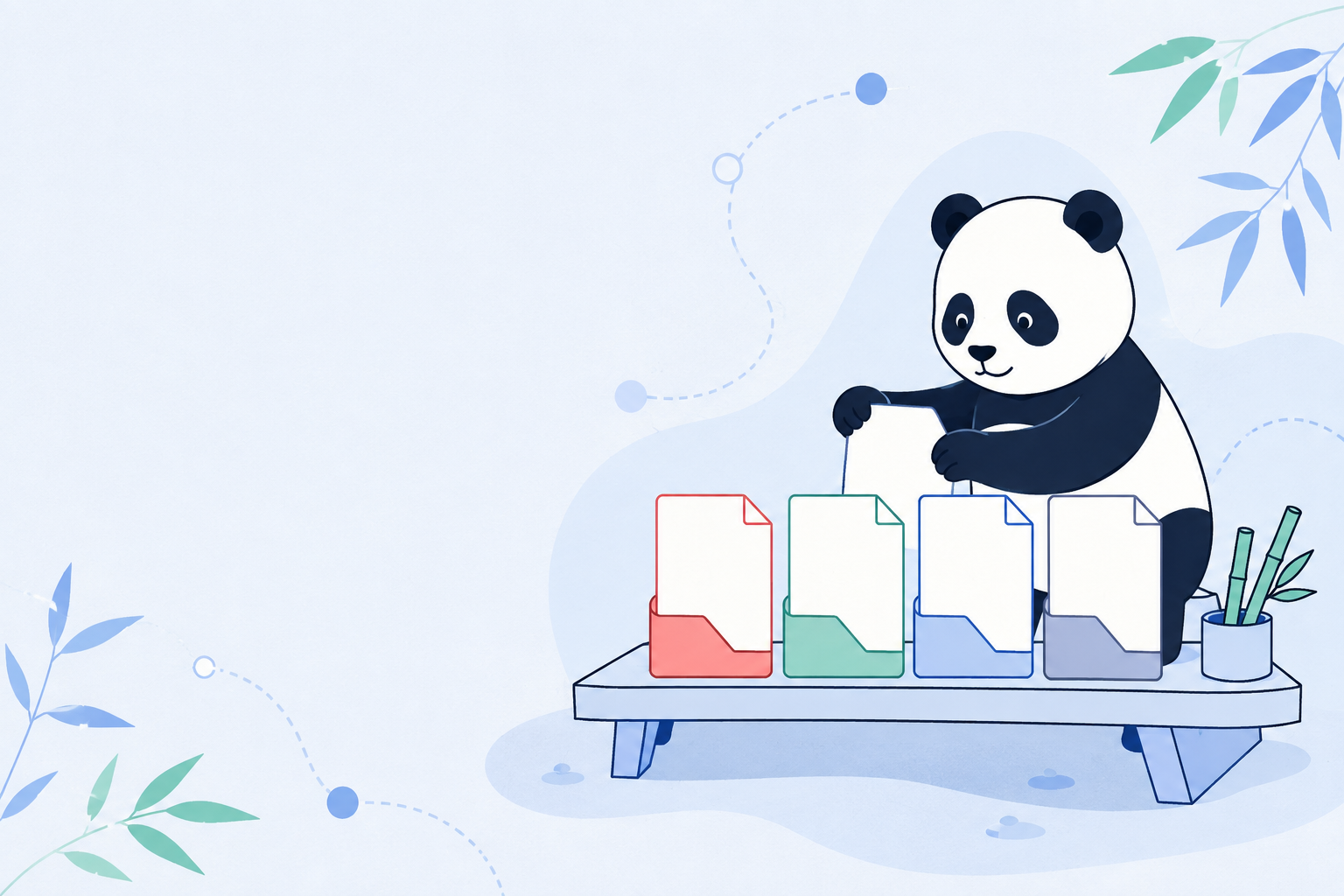 A panda file keeper arranging blank document cards in a browser-local workbench