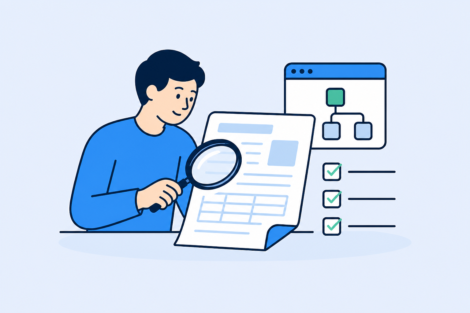 A person inspecting technical file-processing documentation